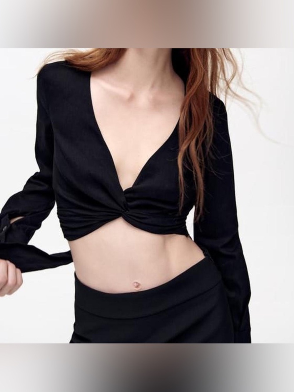Zara NWT black long sleeve twist front toe back crop top